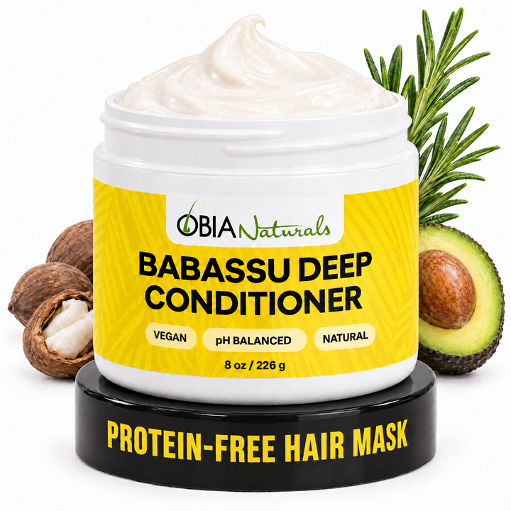OBIA Naturals Babassu Deep Conditioner, a protein-free deep conditioner, 8 oz jar on a black stand with babassu nuts