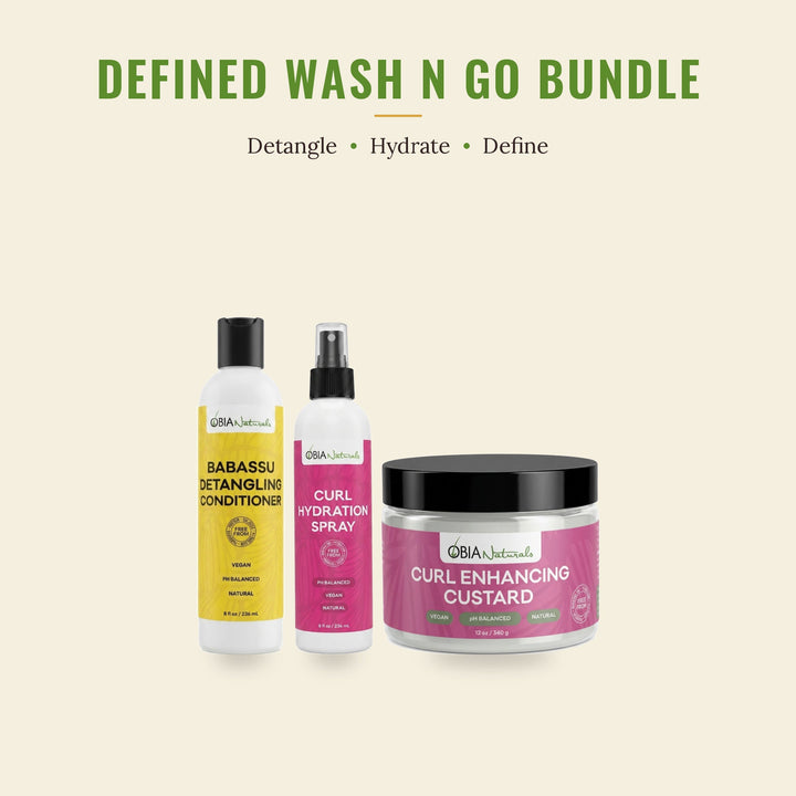 OBIA Naturals Defined Wash N Go Bundle — Babassu Detangling Conditioner, Curl Hydration Spray and Curl Enhancing Custard