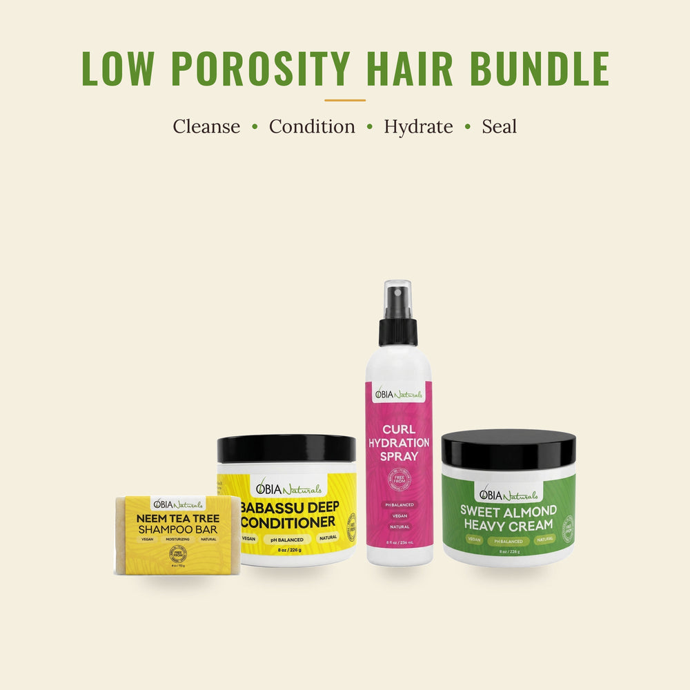 OBIA Naturals Low Porosity Hair Bundle with Neem Tea Tree Shampoo Bar, Babassu Deep Conditioner, Curl Hydration Spray and Sweet Almond Heavy Cream