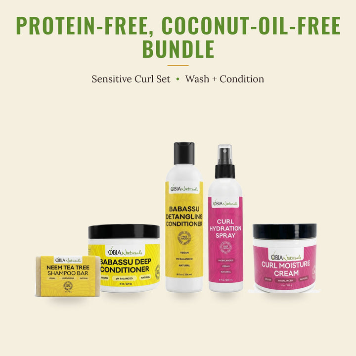 OBIA Naturals Protein-Free, Coconut-Oil-Free Hair Bundle with Curl Moisture Cream — Neem Tea Tree Shampoo Bar, Babassu Deep Conditioner, Babassu Detangling Conditioner and Curl Hydration Spray