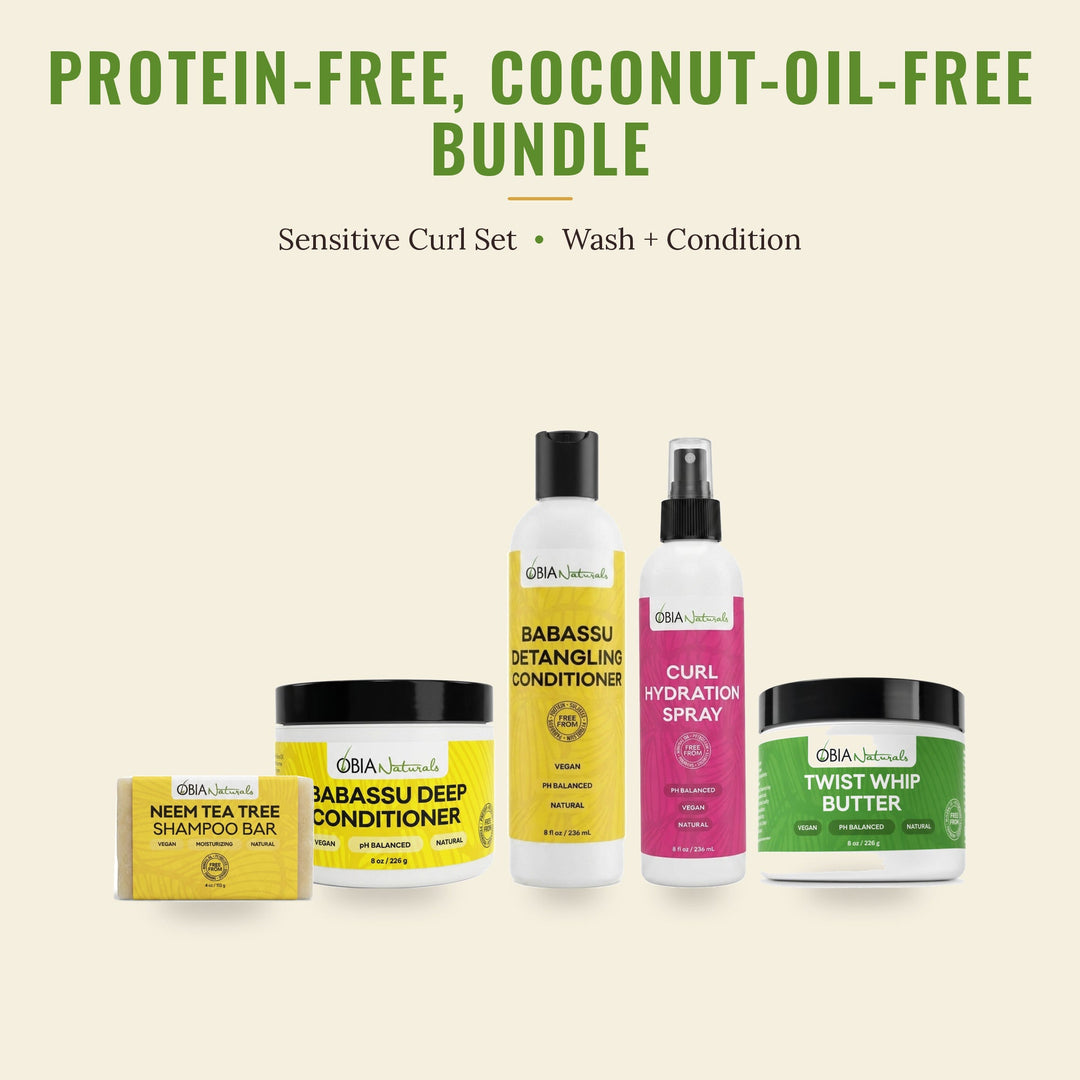 OBIA Naturals Protein-Free, Coconut-Oil-Free Hair Bundle with Twist Whip Butter — Neem Tea Tree Shampoo Bar, Babassu Deep Conditioner, Babassu Detangling Conditioner and Curl Hydration Spray