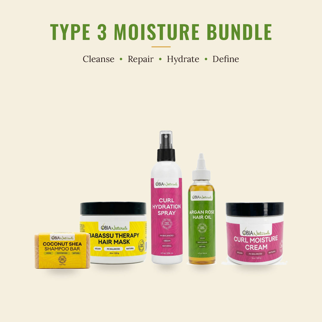 OBIA Naturals Type 3 Moisture Bundle with Coconut Shea Shampoo Bar, Babassu Therapy Hair Mask, Curl Hydration Spray, Argan Rose Hair Oil and Curl Moisture Cream