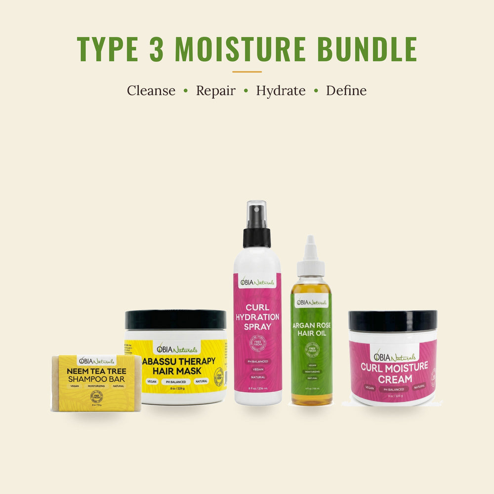 OBIA Naturals Type 3 Moisture Bundle with Neem Tea Tree Shampoo Bar, Babassu Therapy Hair Mask, Curl Hydration Spray, Argan Rose Hair Oil and Curl Moisture Cream