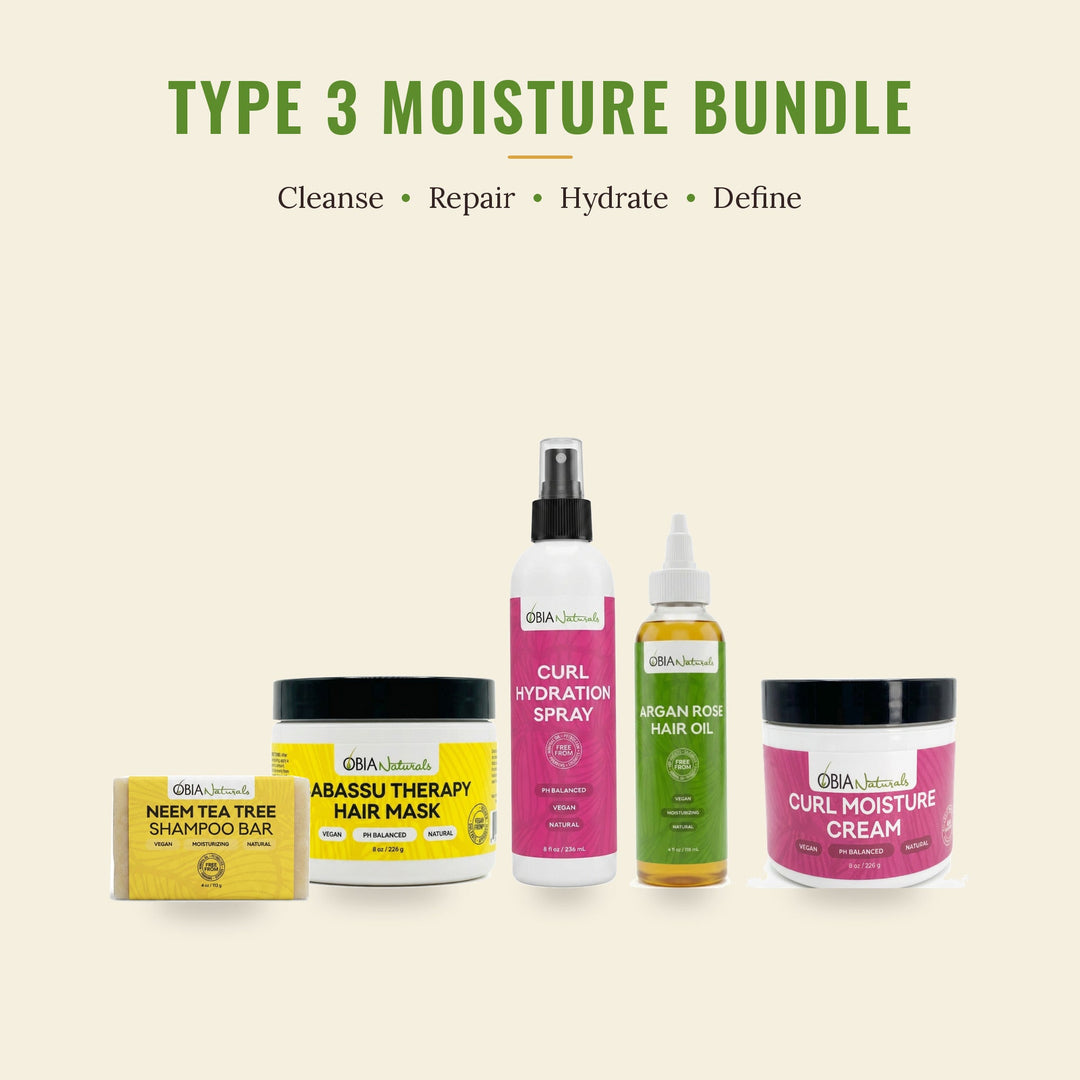 OBIA Naturals Type 3 Moisture Bundle with Neem Tea Tree Shampoo Bar, Babassu Therapy Hair Mask, Curl Hydration Spray, Argan Rose Hair Oil and Curl Moisture Cream