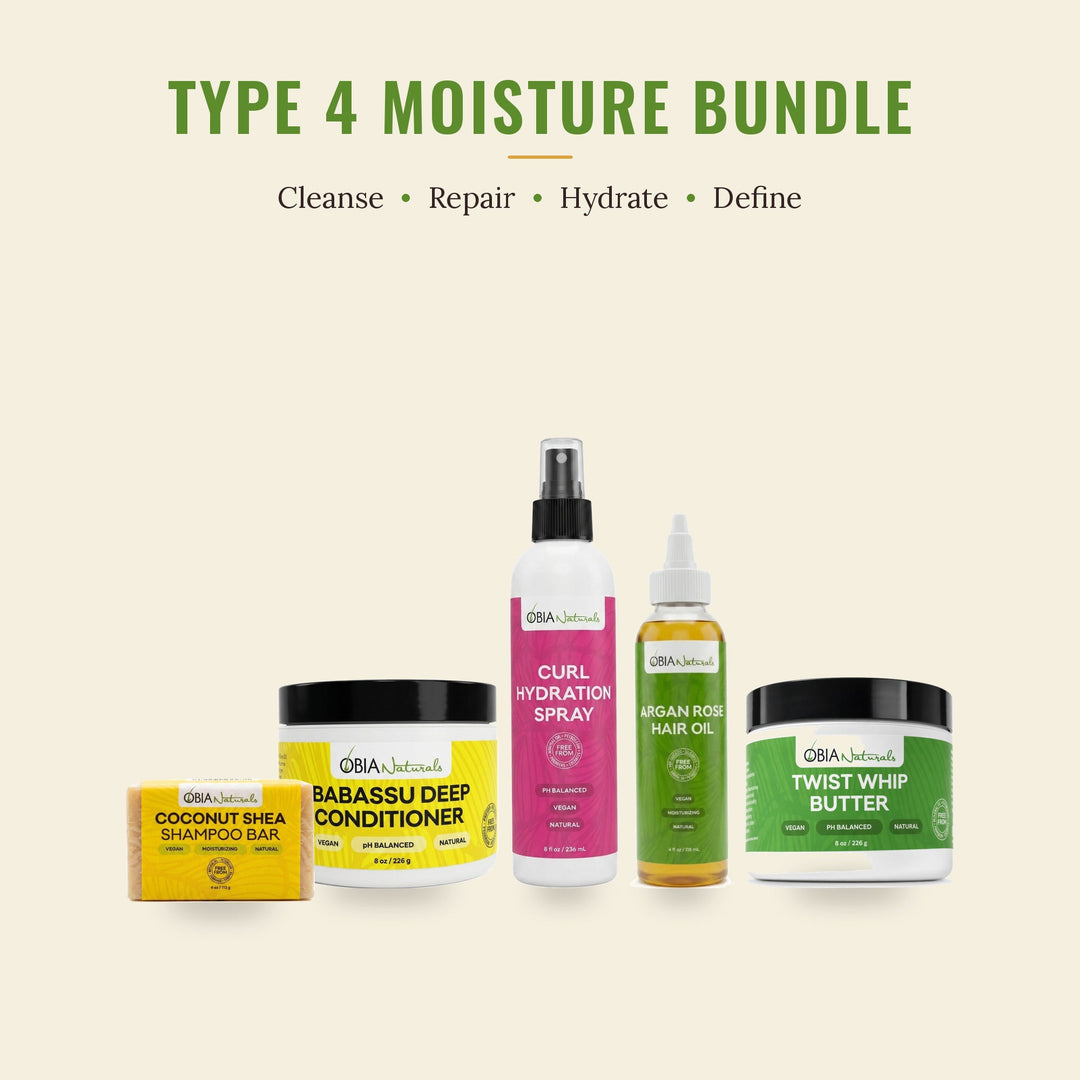 OBIA Naturals Type 4 Moisture Bundle with Coconut Shea Shampoo Bar, Babassu Deep Conditioner, Curl Hydration Spray, Argan Rose Hair Oil and Twist Whip Butter