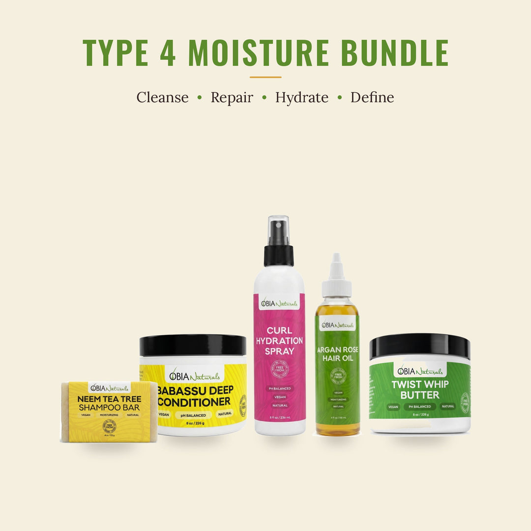 OBIA Naturals Type 4 Moisture Bundle with Neem Tea Tree Shampoo Bar, Babassu Deep Conditioner, Curl Hydration Spray, Argan Rose Hair Oil and Twist Whip Butter