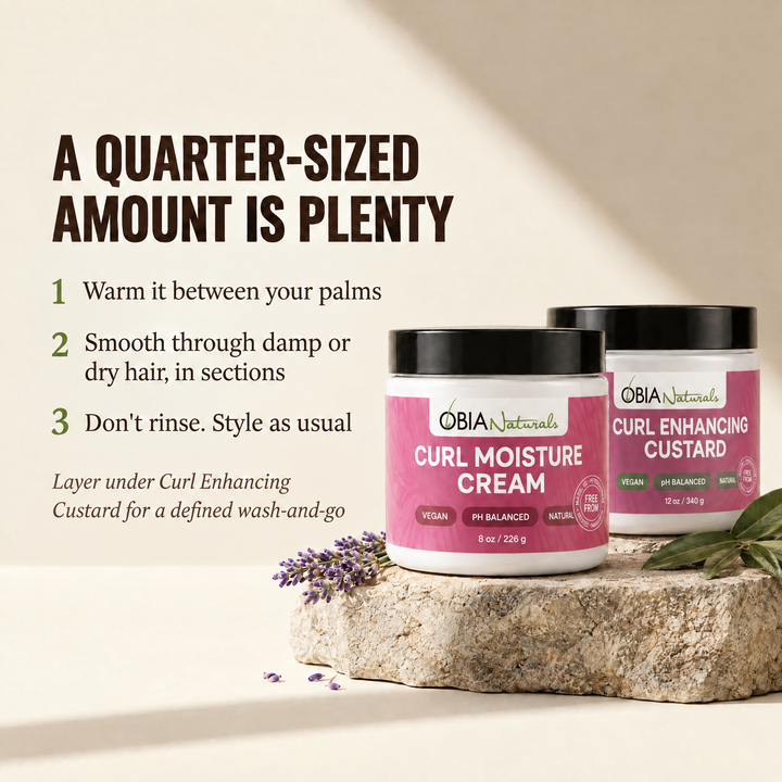 How to use OBIA Curl Moisture Cream: a quarter-sized amount, warmed between palms, smoothed through hair in sections, not rinsed out
