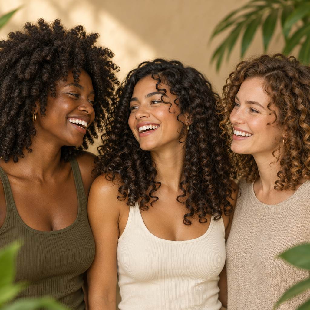 Three smiling women with defined curls and coils, from 2C waves to 4C coils, against a warm cream wall with green leaves